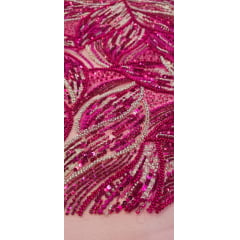 Tule Bordado com Pedrarias Premium Pink com Champanhe Folhagens Modelo HS3349