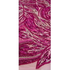 Tule Bordado com Pedrarias Premium Pink com Champanhe Folhagens Modelo HS3349