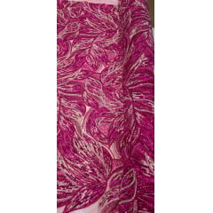 Tule Bordado com Pedrarias Premium Pink com Champanhe Folhagens Modelo HS3349