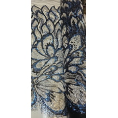Tule Bordado com Pedrarias Premium Prata com Azul  Multicolor HT70561 