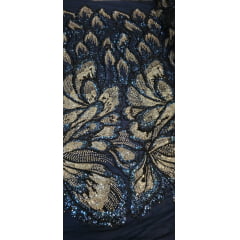 Tule Bordado com Pedrarias Premium Prata com Azul  Multicolor HT70561 