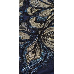 Tule Bordado com Pedrarias Premium Prata com Azul  Multicolor HT70561 