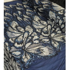 Tule Bordado com Pedrarias Premium Prata com Azul  Multicolor HT70561 