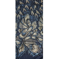 Tule Bordado com Pedrarias Premium Prata com Azul  Multicolor HT70561 