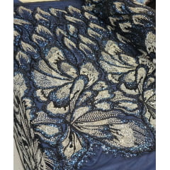 Tule Bordado com Pedrarias Premium Prata com Azul  Multicolor HT70561 