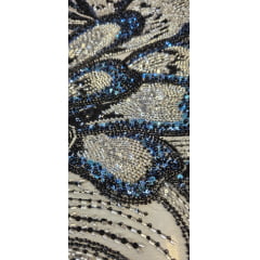 Tule Bordado com Pedrarias Premium Prata com Azul  Multicolor HT70561 