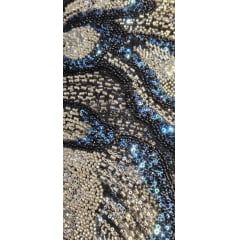 Tule Bordado com Pedrarias Premium Prata com Azul  Multicolor HT70561 