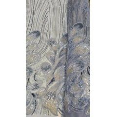 Tule Bordado com Pedrarias Premium Prata Multicolor HT70519