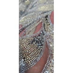 Tule Bordado com Pedrarias Premium Prata Multicolor HT70519