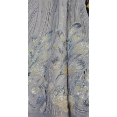 Tule Bordado com Pedrarias Premium Prata Multicolor HT70519