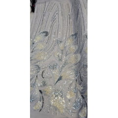Tule Bordado com Pedrarias Premium Prata Multicolor HT70519