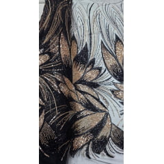Tule Bordado com Pedrarias Premium Preto com Rosê Gold  HT70509
