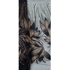Tule Bordado com Pedrarias Premium Preto com Rosê Gold HT70509
