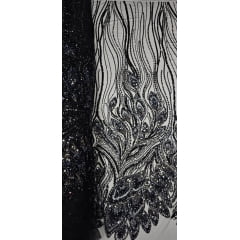 Tule Bordado com Pedrarias Premium Preto Multicolor Modelo HT98370