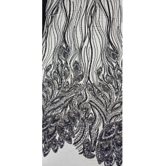 Tule Bordado com Pedrarias Premium Preto Multicolor Modelo HT98370