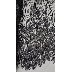 Tule Bordado com Pedrarias Premium Preto Multicolor Modelo HT98370
