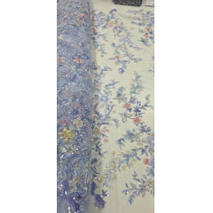 Tule Bordado com Pedrarias Premium Primavera Multicolor Azul