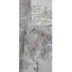 Tule Bordado com Pedrarias Premium Primavera Multicolor Branco
