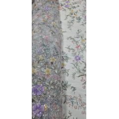 Tule Bordado com Pedrarias Premium Primavera Multicolor Branco