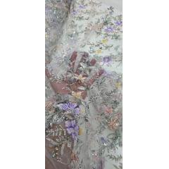 Tule Bordado com Pedrarias Premium Primavera Multicolor Branco