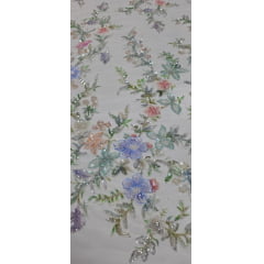 Tule Bordado com Pedrarias Premium Primavera Multicolor Rosa Bebê