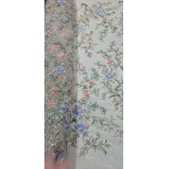 Tule Bordado com Pedrarias Premium Primavera Multicolor Rosa Bebê