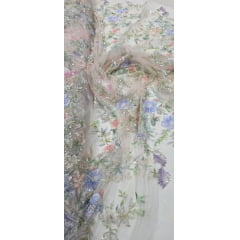 Tule Bordado com Pedrarias Premium Primavera Multicolor Rosa Bebê