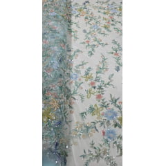 Tule Bordado com Pedrarias Premium Primavera Multicolor Verde