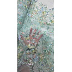 Tule Bordado com Pedrarias Premium Primavera Multicolor Verde