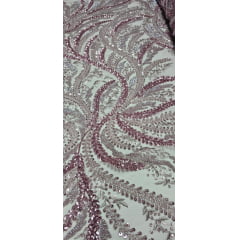 Tule Bordado com Pedrarias Premium Ramos Bicolor Rosê
