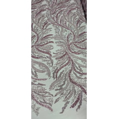 Tule Bordado com Pedrarias Premium Ramos Bicolor Rosê