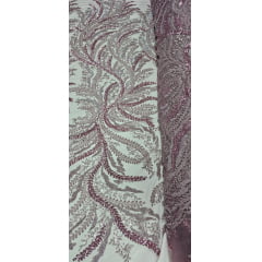 Tule Bordado com Pedrarias Premium Ramos Bicolor Rosê
