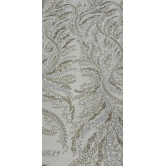 Tule Bordado com Pedrarias Premium Ramos Branco com Champagne Modelo HS1549