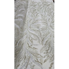 Tule Bordado com Pedrarias Premium Ramos Branco com Champagne Modelo HS1549