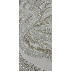 Tule Bordado com Pedrarias Premium Ramos Branco com Champagne Modelo HS1549