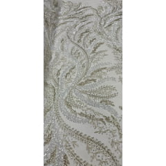 Tule Bordado com Pedrarias Premium Ramos Branco com Champagne Modelo HS1549