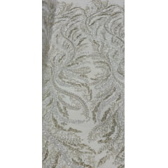 Tule Bordado com Pedrarias Premium Ramos Branco com Champagne Modelo HS1549