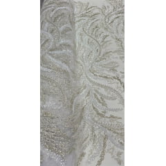 Tule Bordado com Pedrarias Premium Ramos Branco com Champagne Modelo HS1549