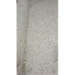 Tule Bordado com Pedrarias Premium Ramos Branco Com Prata F932
