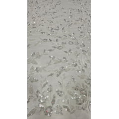 Tule Bordado com Pedrarias Premium Ramos Branco Com Prata F932