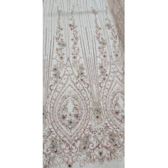 Tule Bordado com Pedrarias Premium Rosa Bebê Multicolor 3D  Modelo F1319