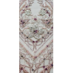 Tule Bordado com Pedrarias Premium Rosa Bebê Multicolor 3D  Modelo F1319