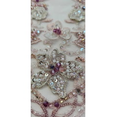 Tule Bordado com Pedrarias Premium Rosa Bebê Multicolor 3D  Modelo F1319