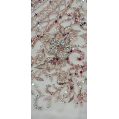 Tule Bordado com Pedrarias Premium Rosa Bebê Multicolor 3D  Modelo F1319