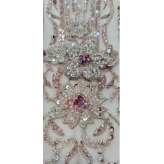 Tule Bordado com Pedrarias Premium Rosa Bebê Multicolor 3D  Modelo F1319
