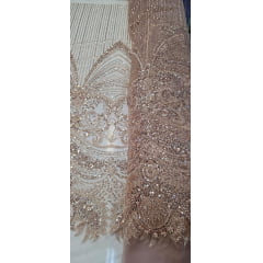 Tule Bordado com Pedrarias Premium Rosê Gold Claro TM05892A 