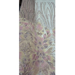 Tule Bordado com Pedrarias Premium Rosê Gold com Amarelo Claro HT70523