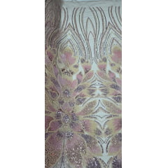 Tule Bordado com Pedrarias Premium Rosê Gold com Amarelo Claro HT70523