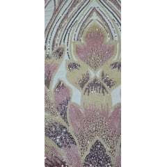 Tule Bordado com Pedrarias Premium Rosê Gold com Amarelo Claro HT70523