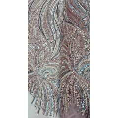 Tule Bordado com Pedrarias Premium Rosê Gold com Azul  Multicolor HT97797 